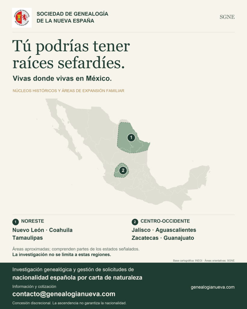 Mapa de México con áreas históricas aproximadas del noreste —Nuevo León, Coahuila y Tamaulipas— y del centro-occidente —Jalisco, Aguascalientes, Zacatecas y Guanajuato—. SGNE investiga posibles raíces sefardíes en familias de todo México; la investigación no se limita a estas regiones.