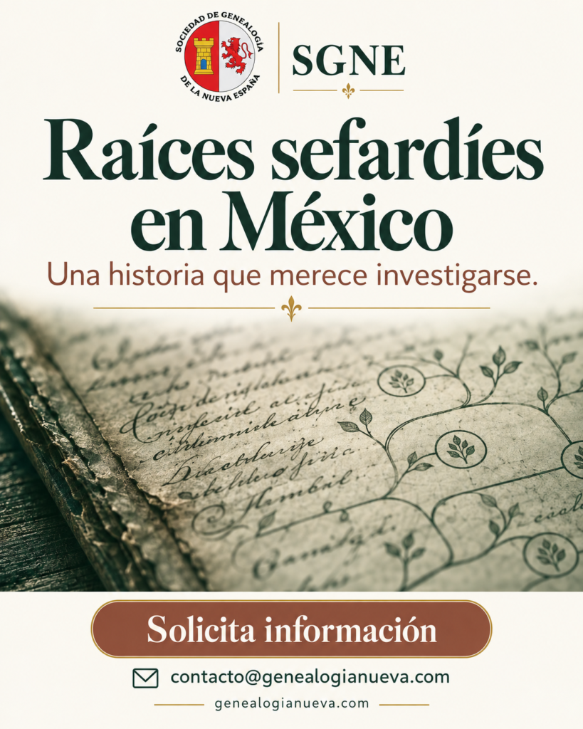 Raíces sefardíes en México. Una historia que merece investigarse. SGNE: contacto@genealogianueva.com. Ilustración editorial de documentos y un árbol familiar.